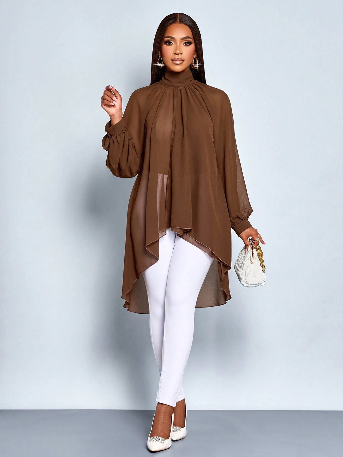SOLERSUN Elegant Coffee Brown Autumn Women's Blouse, Commuting Simple Long Top For Brunch,Teacher Top,Fall Winter Halloween Christmas New Year