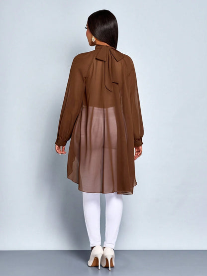 SOLERSUN Elegant Coffee Brown Autumn Women's Blouse, Commuting Simple Long Top For Brunch,Teacher Top,Fall Winter Halloween Christmas New Year