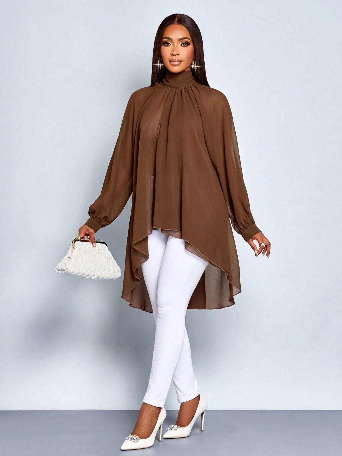 SOLERSUN Elegant Coffee Brown Autumn Women's Blouse, Commuting Simple Long Top For Brunch,Teacher Top,Fall Winter Halloween Christmas New Year
