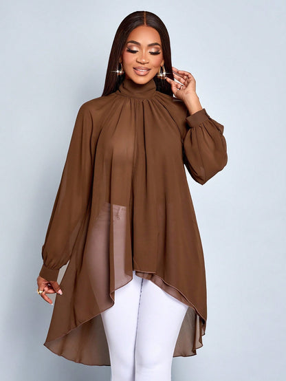 SOLERSUN Elegant Coffee Brown Autumn Women's Blouse, Commuting Simple Long Top For Brunch,Teacher Top,Fall Winter Halloween Christmas New Year