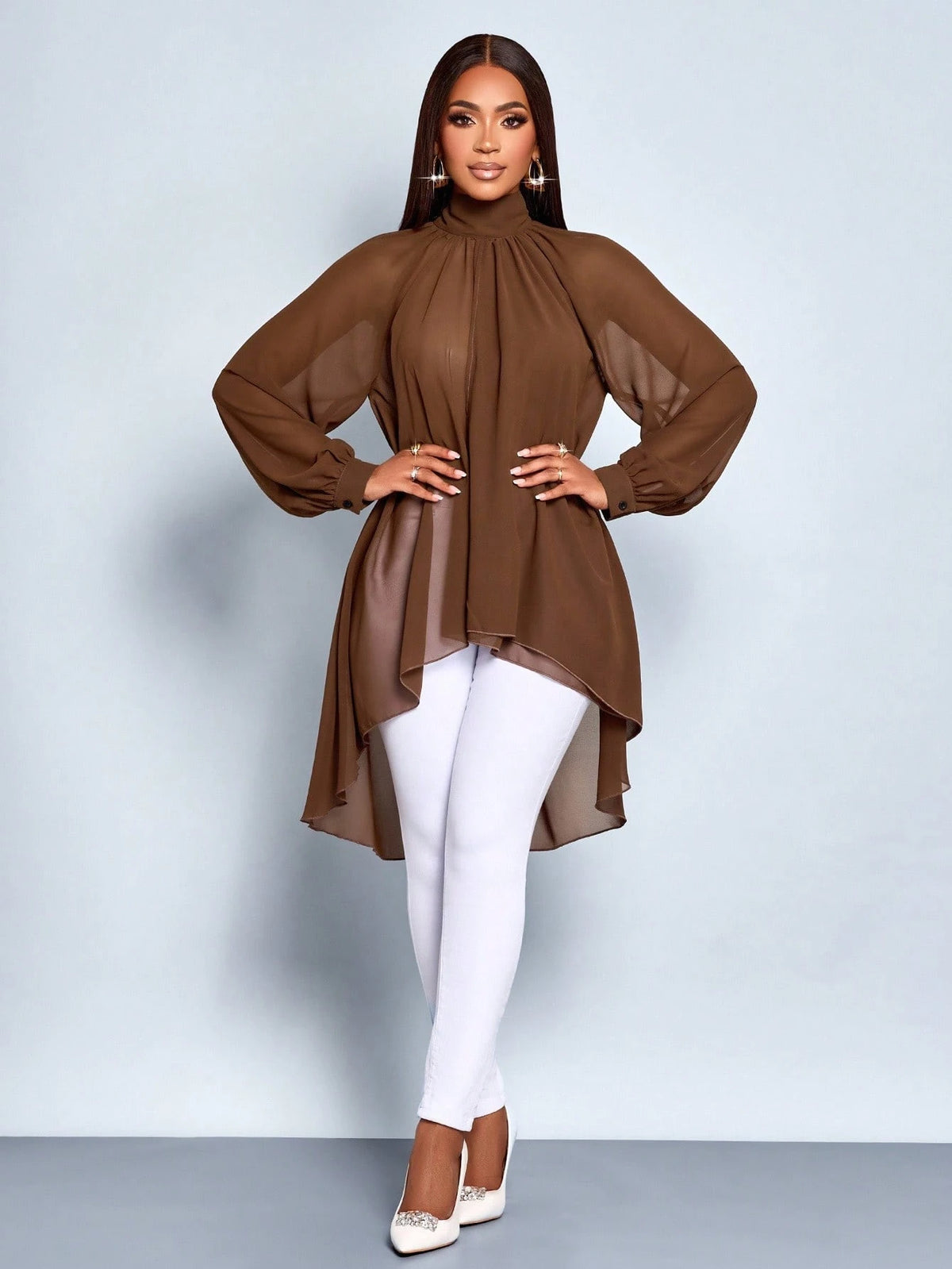 SOLERSUN Elegant Coffee Brown Autumn Women's Blouse, Commuting Simple Long Top For Brunch,Teacher Top,Fall Winter Halloween Christmas New Year