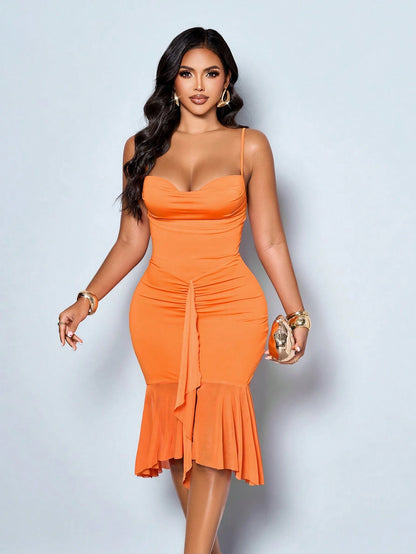 SOLERSUN Women's Brown Ruched Mesh Hem Ruched Bodycon Midi Dress, Spaghetti Strap Party Dress