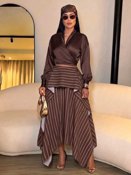 SOLERSUN Women's New Autumn Casual-Elegant Brown Striped Double-Layer Asymmetrical Skirt – Wearable As Low-Rise Or High-Rise (Random Pattern)
