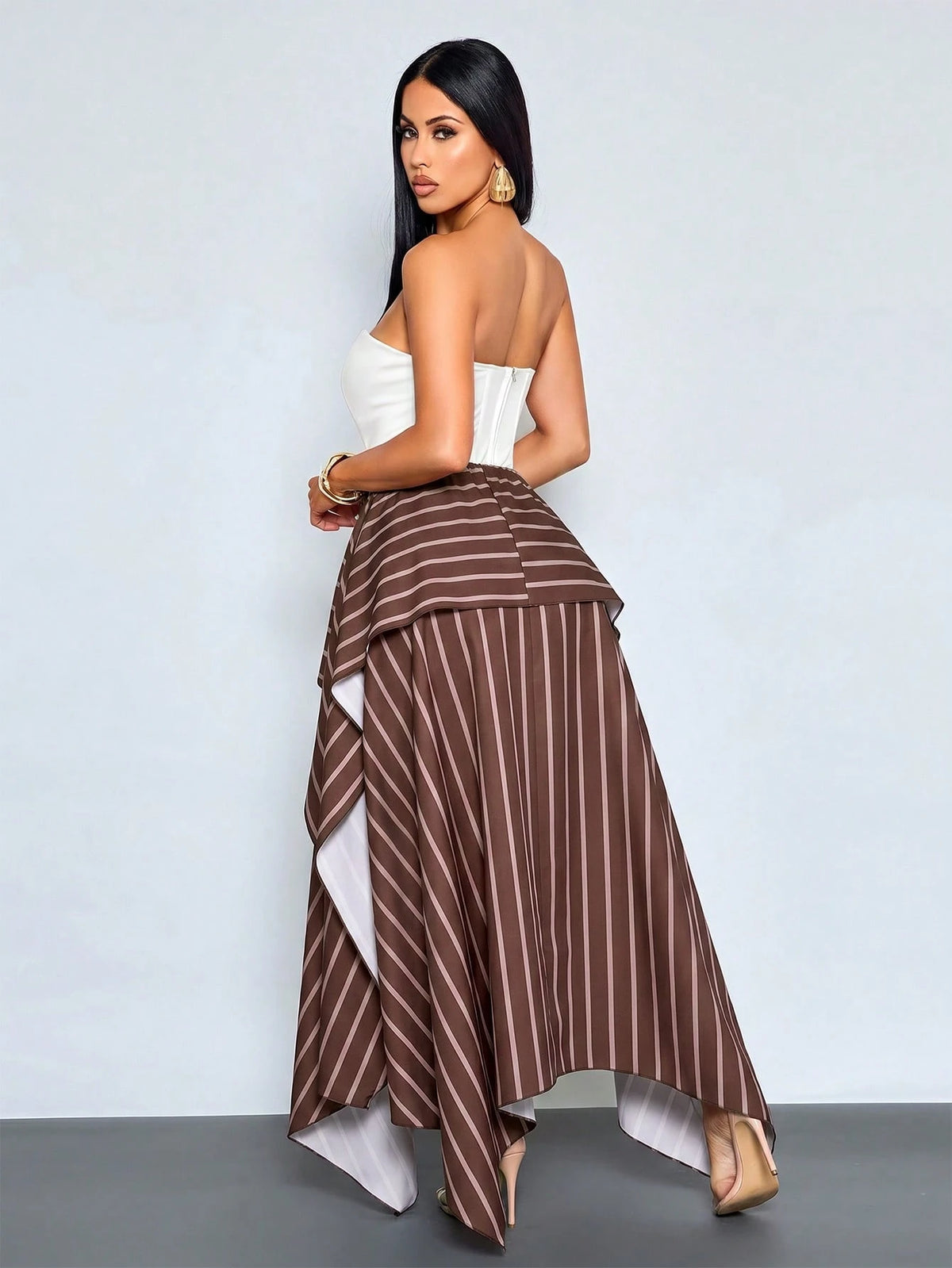 SOLERSUN Women's New Autumn Casual-Elegant Brown Striped Double-Layer Asymmetrical Skirt – Wearable As Low-Rise Or High-Rise (Random Pattern)