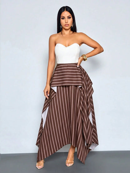 SOLERSUN Women's New Autumn Casual-Elegant Brown Striped Double-Layer Asymmetrical Skirt – Wearable As Low-Rise Or High-Rise (Random Pattern)