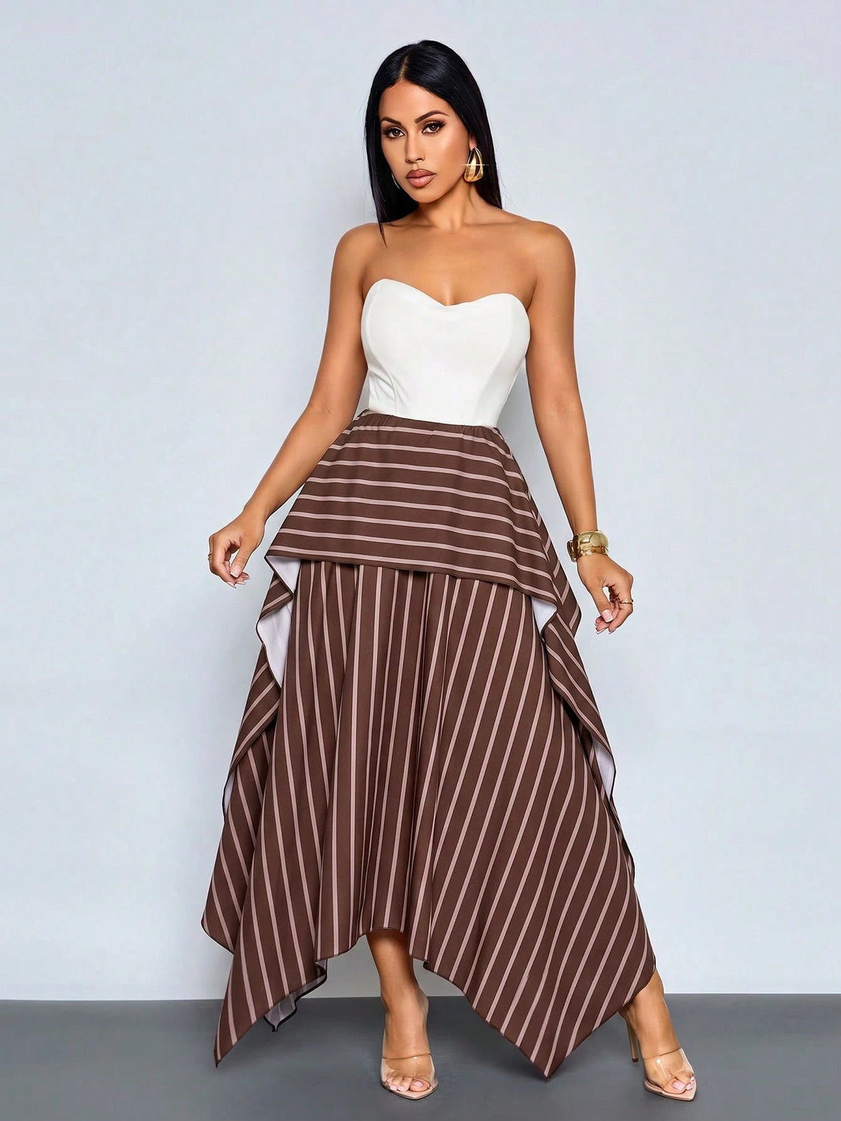 SOLERSUN Women's New Autumn Casual-Elegant Brown Striped Double-Layer Asymmetrical Skirt – Wearable As Low-Rise Or High-Rise (Random Pattern)