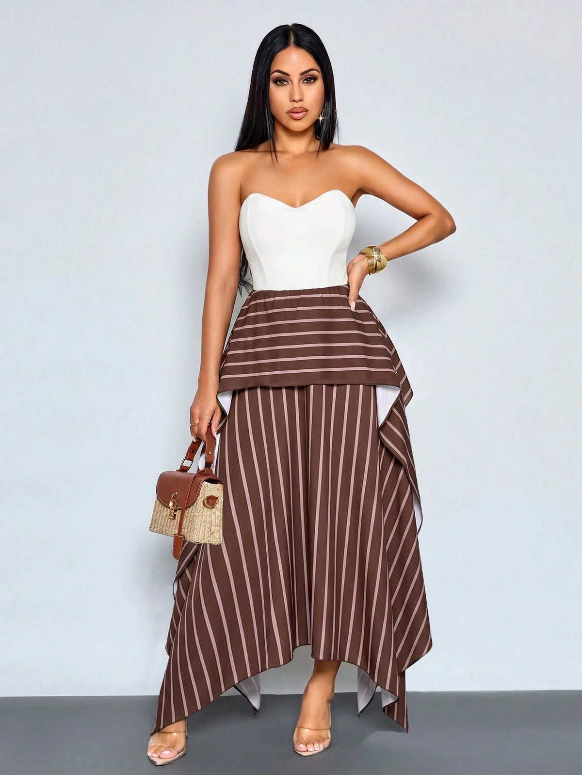 SOLERSUN Women's New Autumn Casual-Elegant Brown Striped Double-Layer Asymmetrical Skirt – Wearable As Low-Rise Or High-Rise (Random Pattern)