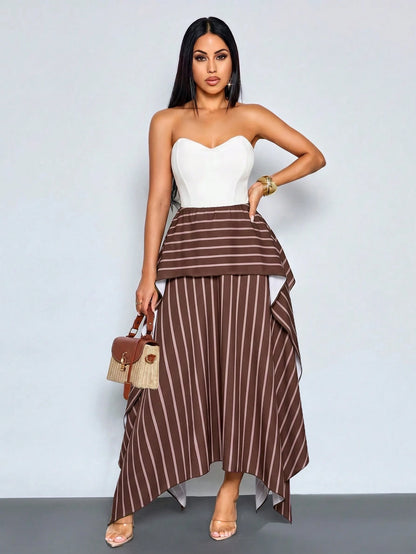 SOLERSUN Women's New Autumn Casual-Elegant Brown Striped Double-Layer Asymmetrical Skirt – Wearable As Low-Rise Or High-Rise (Random Pattern)