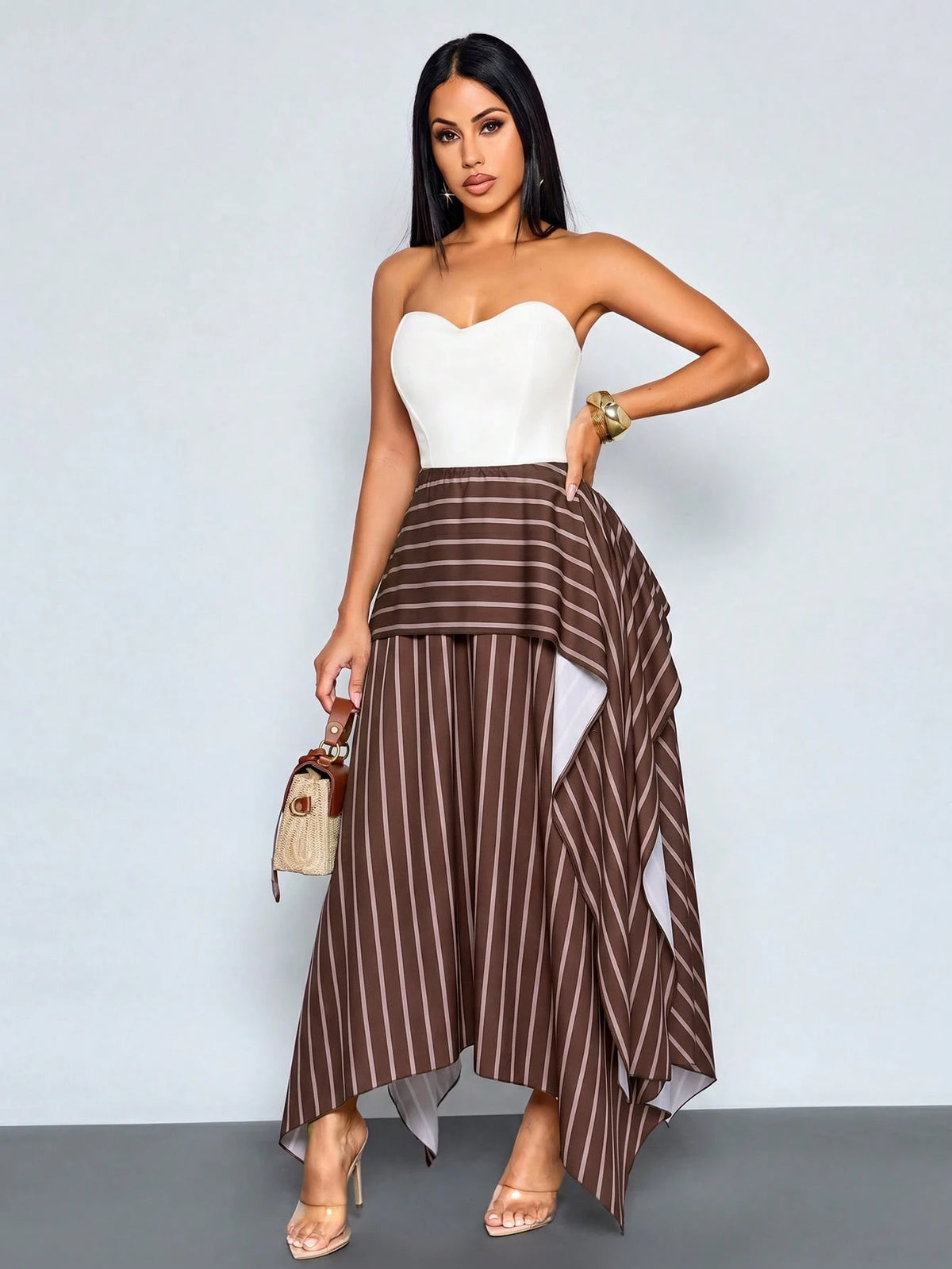 SOLERSUN Women's New Autumn Casual-Elegant Brown Striped Double-Layer Asymmetrical Skirt – Wearable As Low-Rise Or High-Rise (Random Pattern)