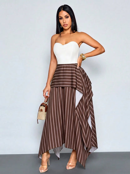 SOLERSUN Women's New Autumn Casual-Elegant Brown Striped Double-Layer Asymmetrical Skirt – Wearable As Low-Rise Or High-Rise (Random Pattern)
