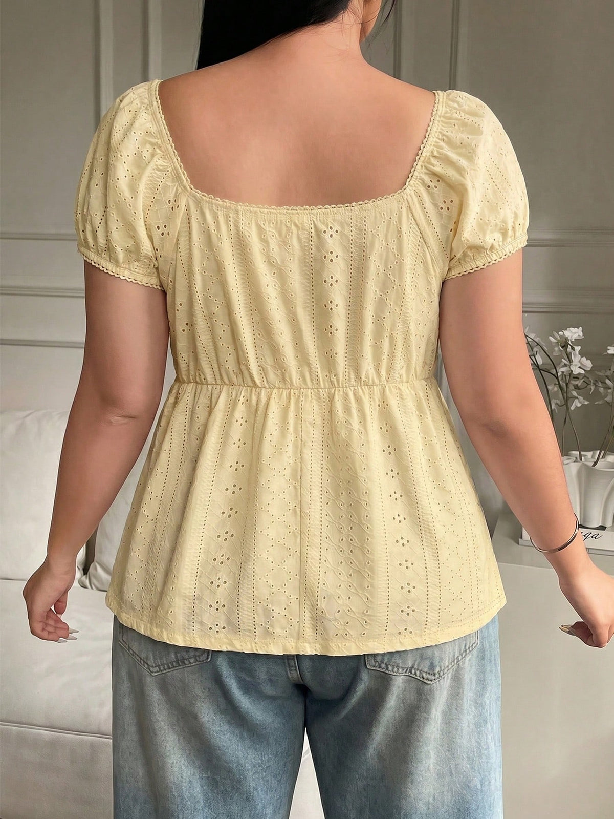 Solflare Plus Size Pale Yellow Hollow-Out Semi-Sheer T-Shirt, Summer