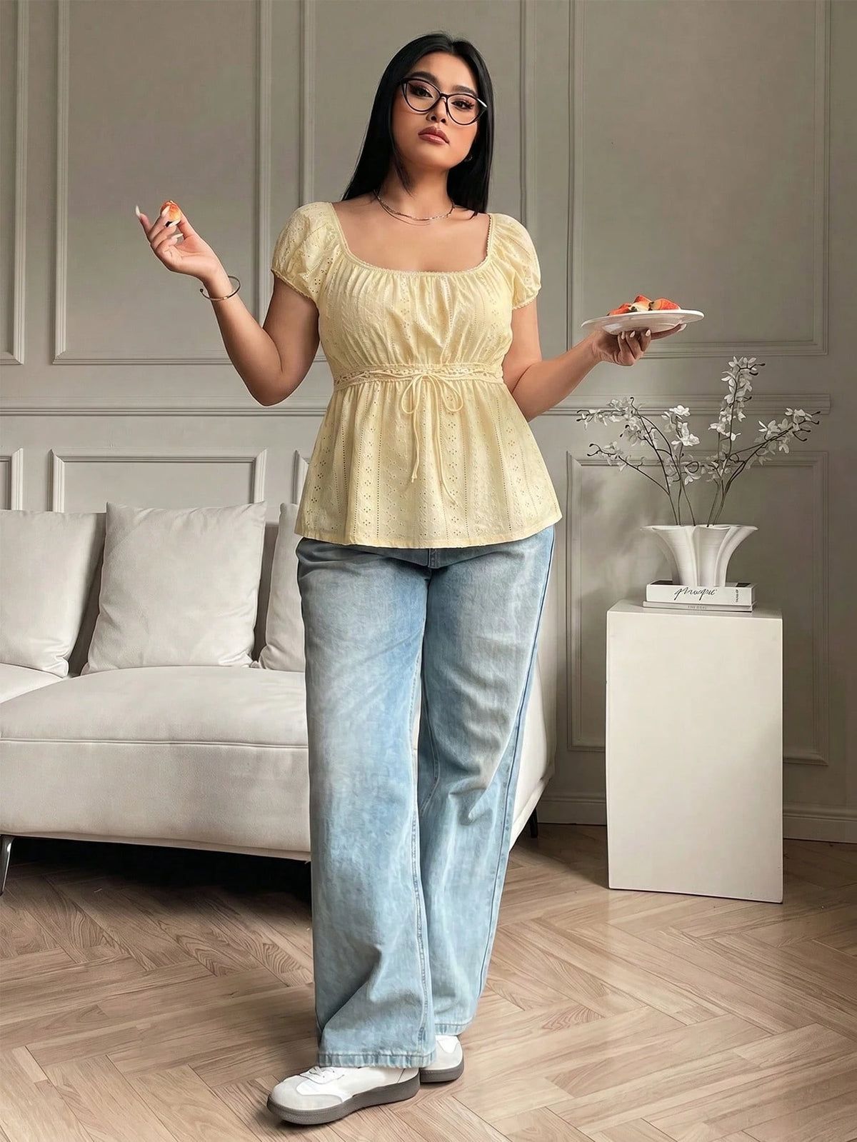 Solflare Plus Size Pale Yellow Hollow-Out Semi-Sheer T-Shirt, Summer