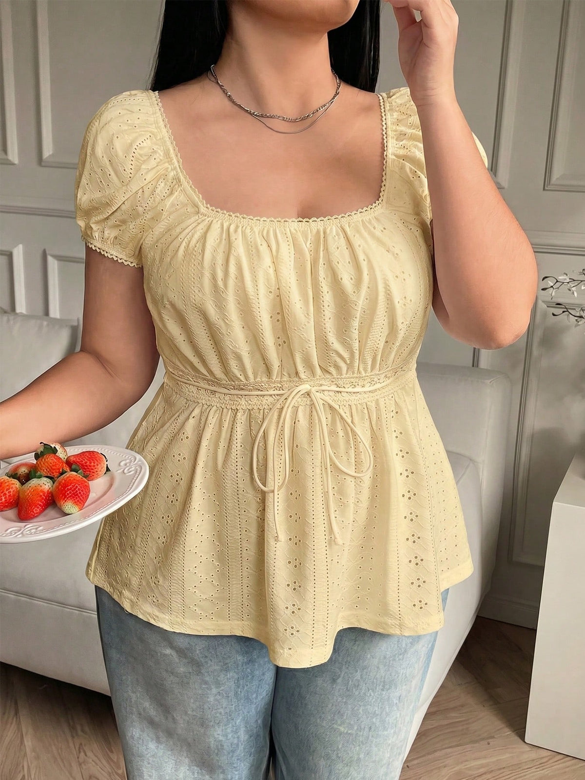 Solflare Plus Size Pale Yellow Hollow-Out Semi-Sheer T-Shirt, Summer