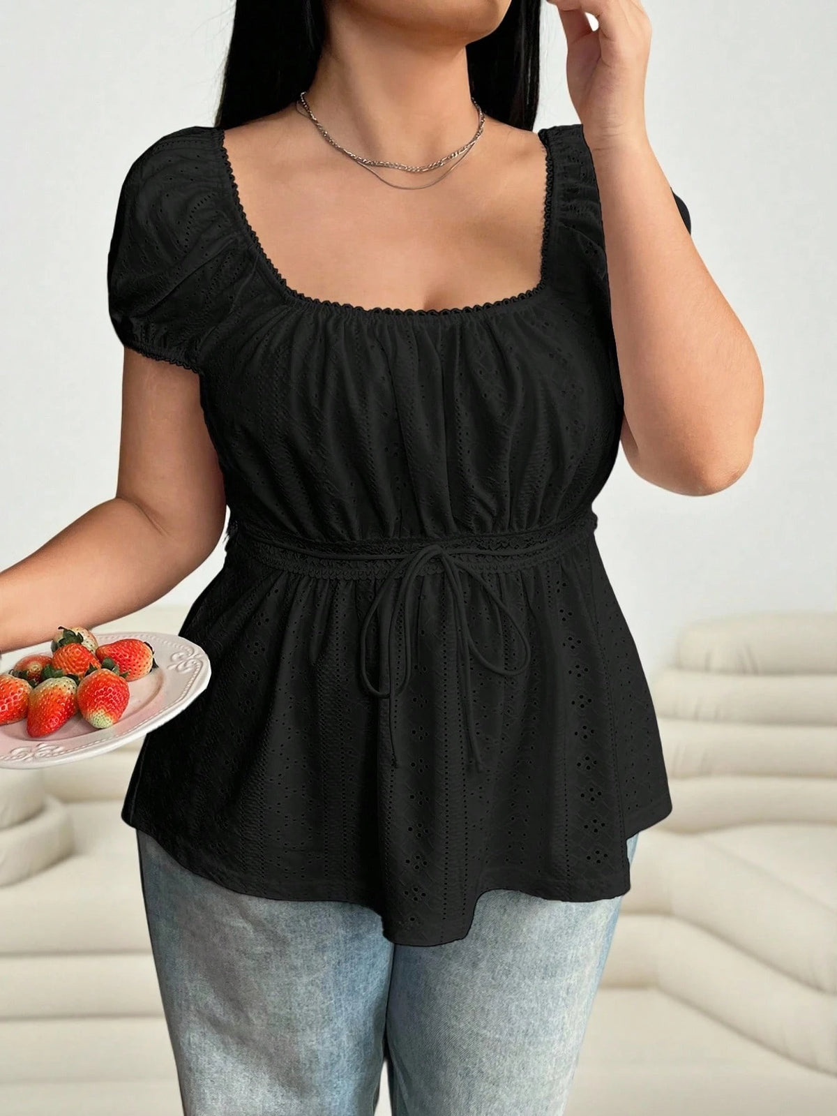 Solflare Plus Size Pale Yellow Hollow-Out Semi-Sheer T-Shirt, Summer