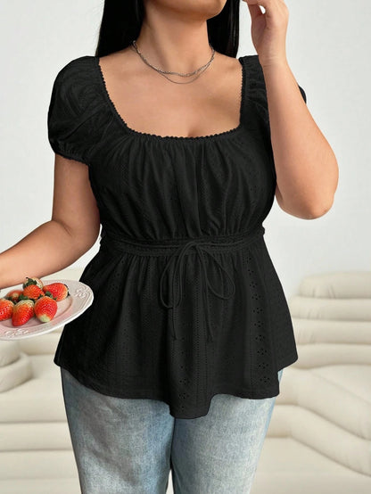 Solflare Plus Size Pale Yellow Hollow-Out Semi-Sheer T-Shirt, Summer