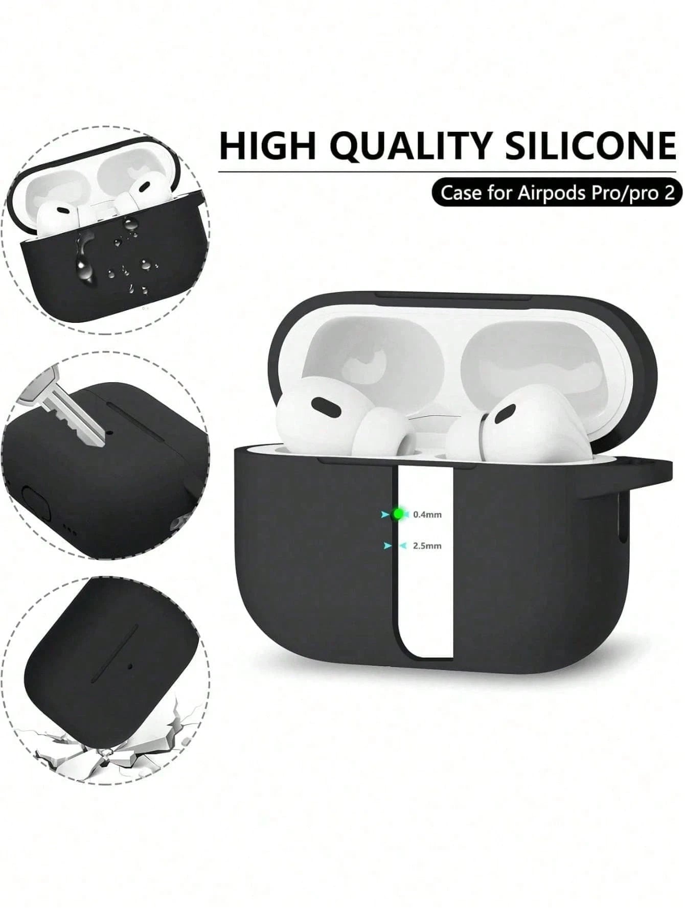 Solid Black Solid Color Silicone 1pc Ultra-Thin 0.8mm Detachable Earphone Case With Carabiner, Naked Touch Suitable For All Models Spring Gift