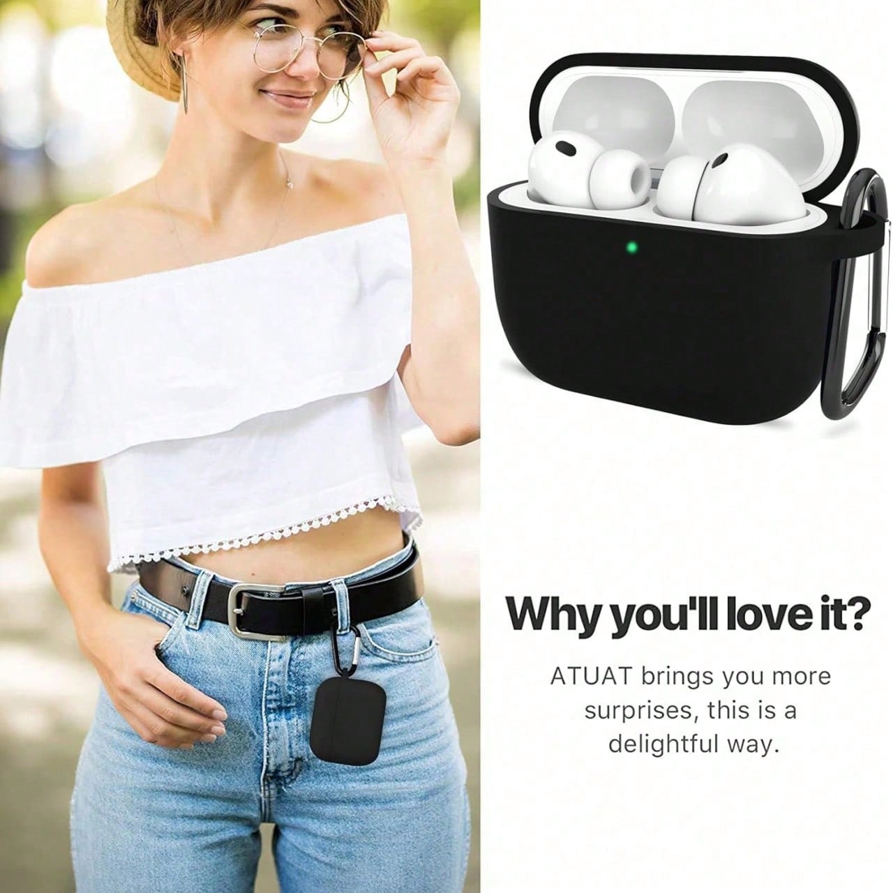 Solid Black Solid Color Silicone 1pc Ultra-Thin 0.8mm Detachable Earphone Case With Carabiner, Naked Touch Suitable For All Models Spring Gift