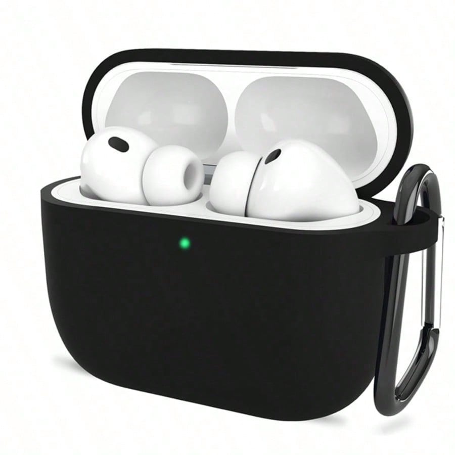 Solid Black Solid Color Silicone 1pc Ultra-Thin 0.8mm Detachable Earphone Case With Carabiner, Naked Touch Suitable For All Models Spring Gift