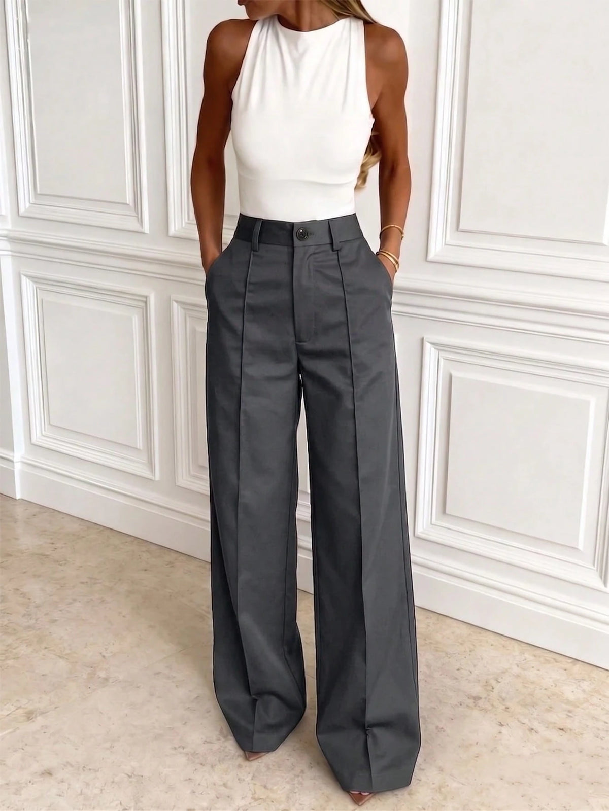 Solid Color Button Zipper Pocket Waist-Cinching Woven Non-Stretch Non-Breathable Suit Fabric Long Pants, Casual Office Commute Daily Spring Summer Style Straight Leg All-Season Long Pants Women's Spr