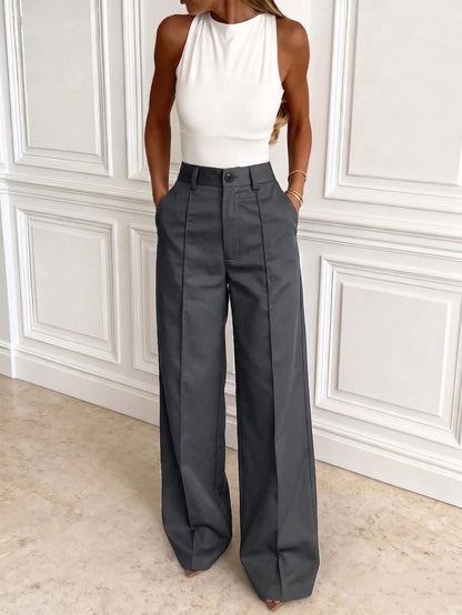 Solid Color Button Zipper Pocket Waist-Cinching Woven Non-Stretch Non-Breathable Suit Fabric Long Pants, Casual Office Commute Daily Spring Summer Style Straight Leg All-Season Long Pants Women's Spr