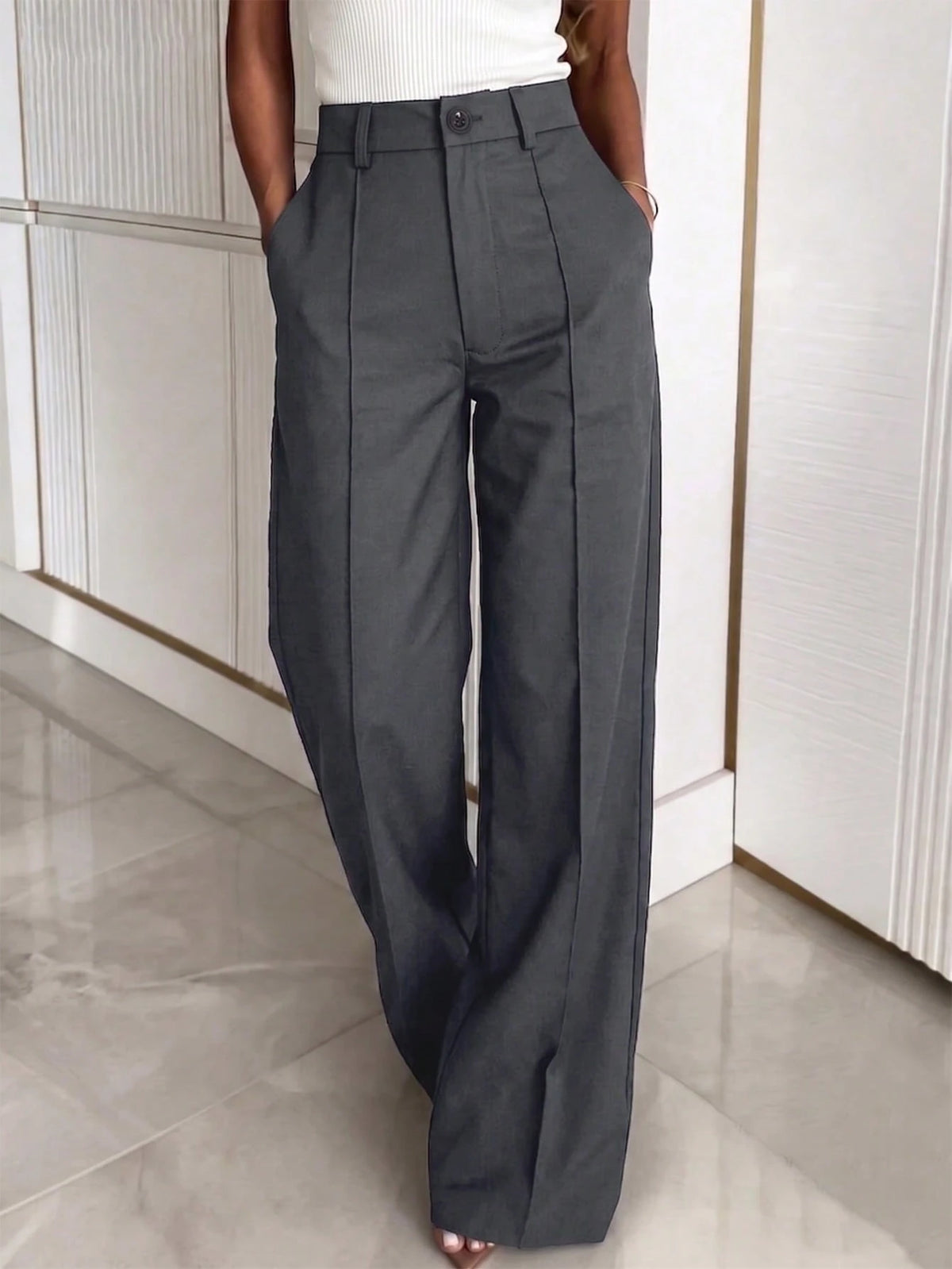 Solid Color Button Zipper Pocket Waist-Cinching Woven Non-Stretch Non-Breathable Suit Fabric Long Pants, Casual Office Commute Daily Spring Summer Style Straight Leg All-Season Long Pants Women's Spr