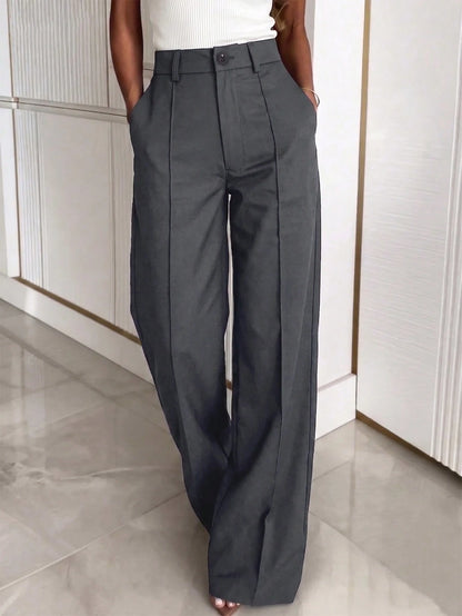Solid Color Button Zipper Pocket Waist-Cinching Woven Non-Stretch Non-Breathable Suit Fabric Long Pants, Casual Office Commute Daily Spring Summer Style Straight Leg All-Season Long Pants Women's Spr