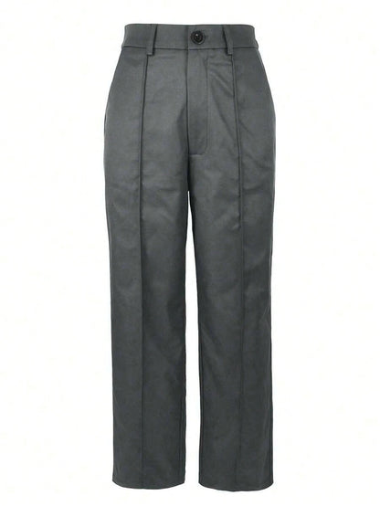 Solid Color Button Zipper Pocket Waist-Cinching Woven Non-Stretch Non-Breathable Suit Fabric Long Pants, Casual Office Commute Daily Spring Summer Style Straight Leg All-Season Long Pants Women's Spr