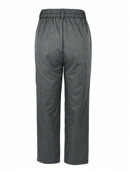 Solid Color Button Zipper Pocket Waist-Cinching Woven Non-Stretch Non-Breathable Suit Fabric Long Pants, Casual Office Commute Daily Spring Summer Style Straight Leg All-Season Long Pants Women's Spr