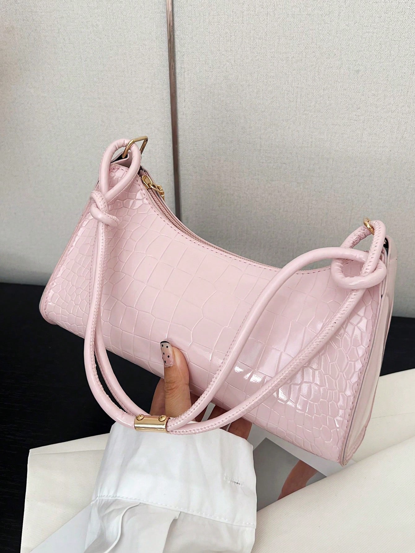 Solid Color Minimalist & Elegant Embossed Shoulder Bag, Pink