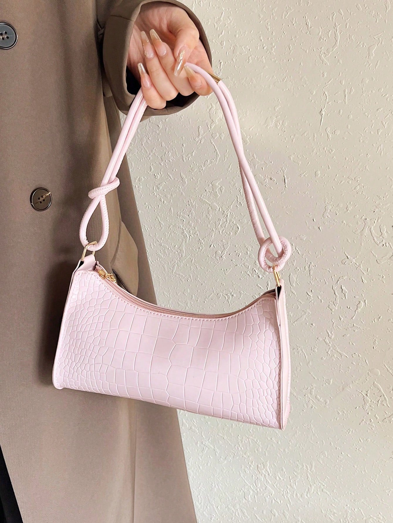 Solid Color Minimalist & Elegant Embossed Shoulder Bag, Pink