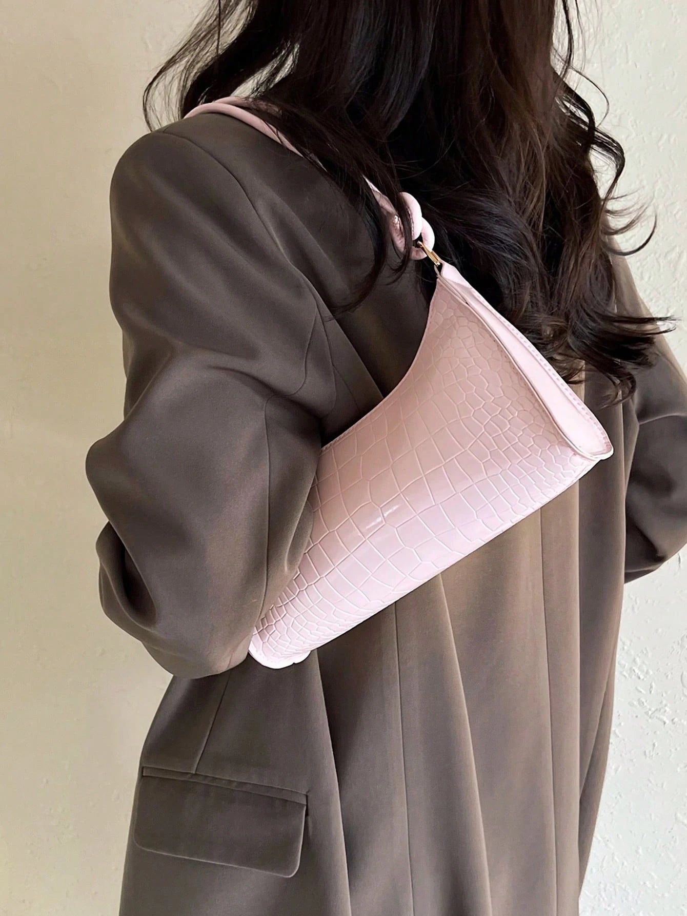 Solid Color Minimalist & Elegant Embossed Shoulder Bag, Pink