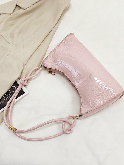 Solid Color Minimalist & Elegant Embossed Shoulder Bag, Pink