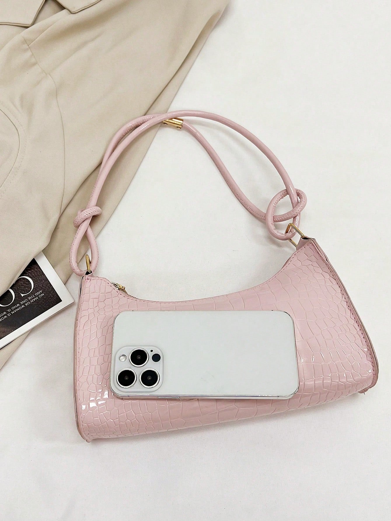 Solid Color Minimalist & Elegant Embossed Shoulder Bag, Pink