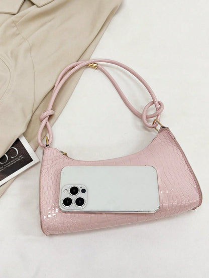 Solid Color Minimalist & Elegant Embossed Shoulder Bag, Pink