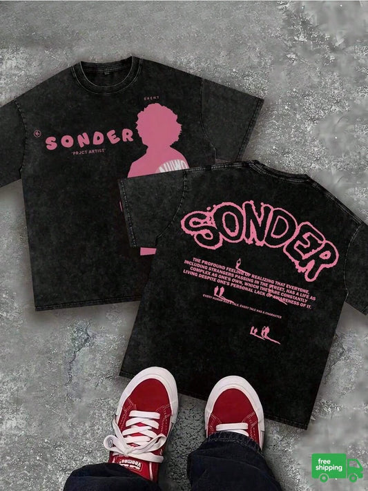 "SONDER" Thinking Figure Graphic Soft Washed Tee, Retro Y2K Style Men Round Neck Top, Casual Apparel For Summer Outdoor Daily Outfits