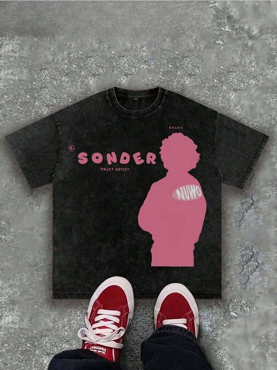 "SONDER" Thinking Figure Graphic Soft Washed Tee, Retro Y2K Style Men Round Neck Top, Casual Apparel For Summer Outdoor Daily Outfits