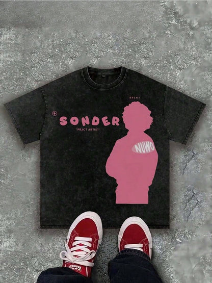 "SONDER" Thinking Figure Graphic Soft Washed Tee, Retro Y2K Style Men Round Neck Top, Casual Apparel For Summer Outdoor Daily Outfits