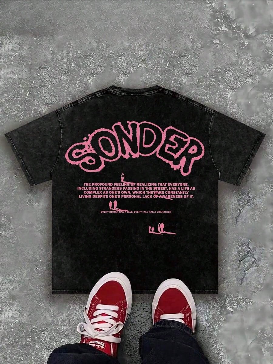 "SONDER" Thinking Figure Graphic Soft Washed Tee, Retro Y2K Style Men Round Neck Top, Casual Apparel For Summer Outdoor Daily Outfits