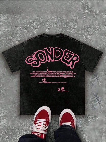 "SONDER" Thinking Figure Graphic Soft Washed Tee, Retro Y2K Style Men Round Neck Top, Casual Apparel For Summer Outdoor Daily Outfits