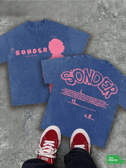 "SONDER" Thinking Figure Graphic Soft Washed Tee, Retro Y2K Style Men Round Neck Top, Casual Apparel For Summer Outdoor Daily Outfits