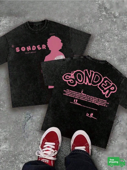 "SONDER" Thinking Figure Graphic Soft Washed Tee, Retro Y2K Style Men Round Neck Top, Casual Apparel For Summer Outdoor Daily Outfits