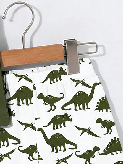 Souflis Souflis 2-Piece Baby Boy Suit,Cute Cartoon Dinosaur Prints Sleeveless Vest & Shorts Set,Dark Green Summer Casual Beach Outfit For School,Parties & Gifts