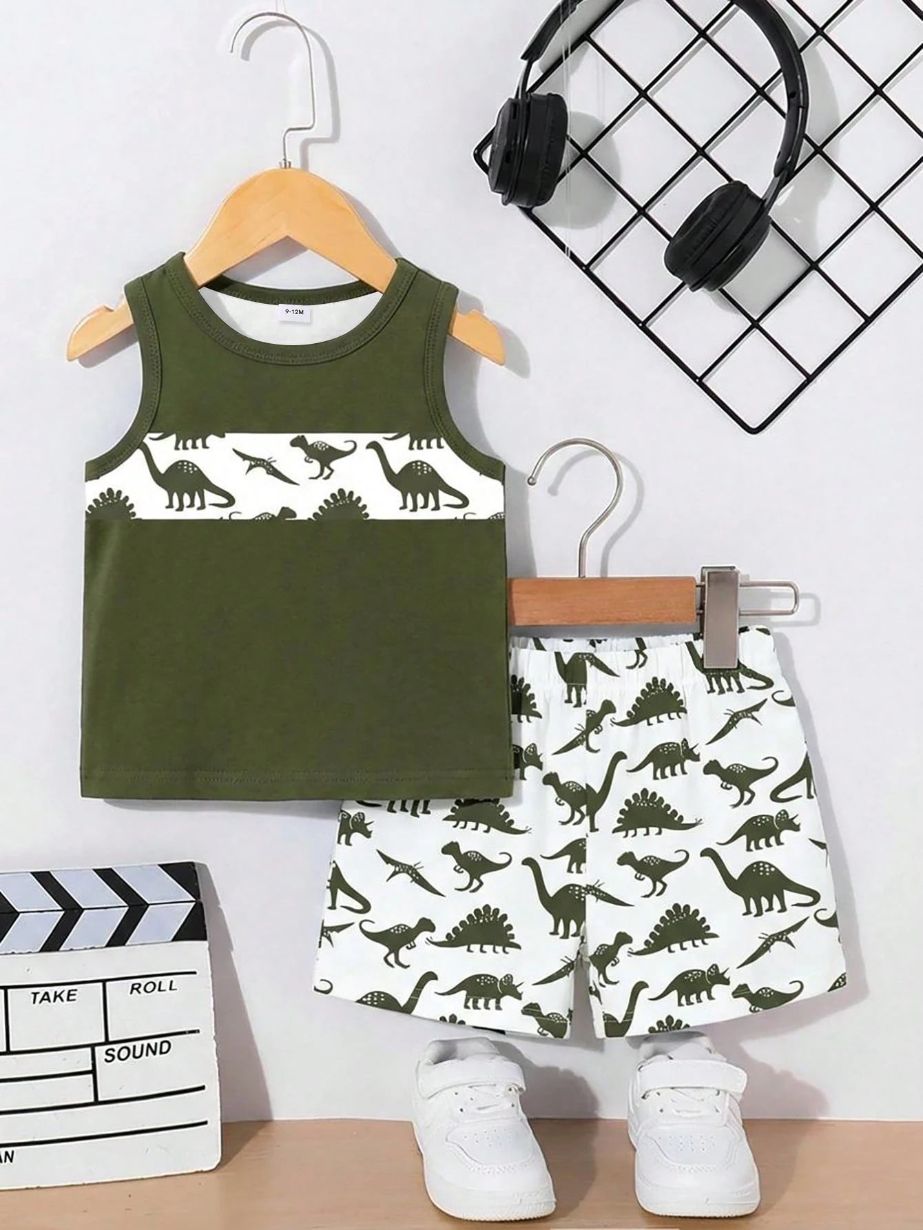 Souflis Souflis 2-Piece Baby Boy Suit,Cute Cartoon Dinosaur Prints Sleeveless Vest & Shorts Set,Dark Green Summer Casual Beach Outfit For School,Parties & Gifts