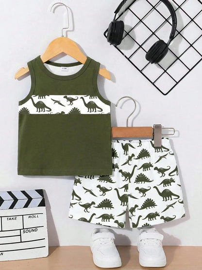 Souflis Souflis 2-Piece Baby Boy Suit,Cute Cartoon Dinosaur Prints Sleeveless Vest & Shorts Set,Dark Green Summer Casual Beach Outfit For School,Parties & Gifts