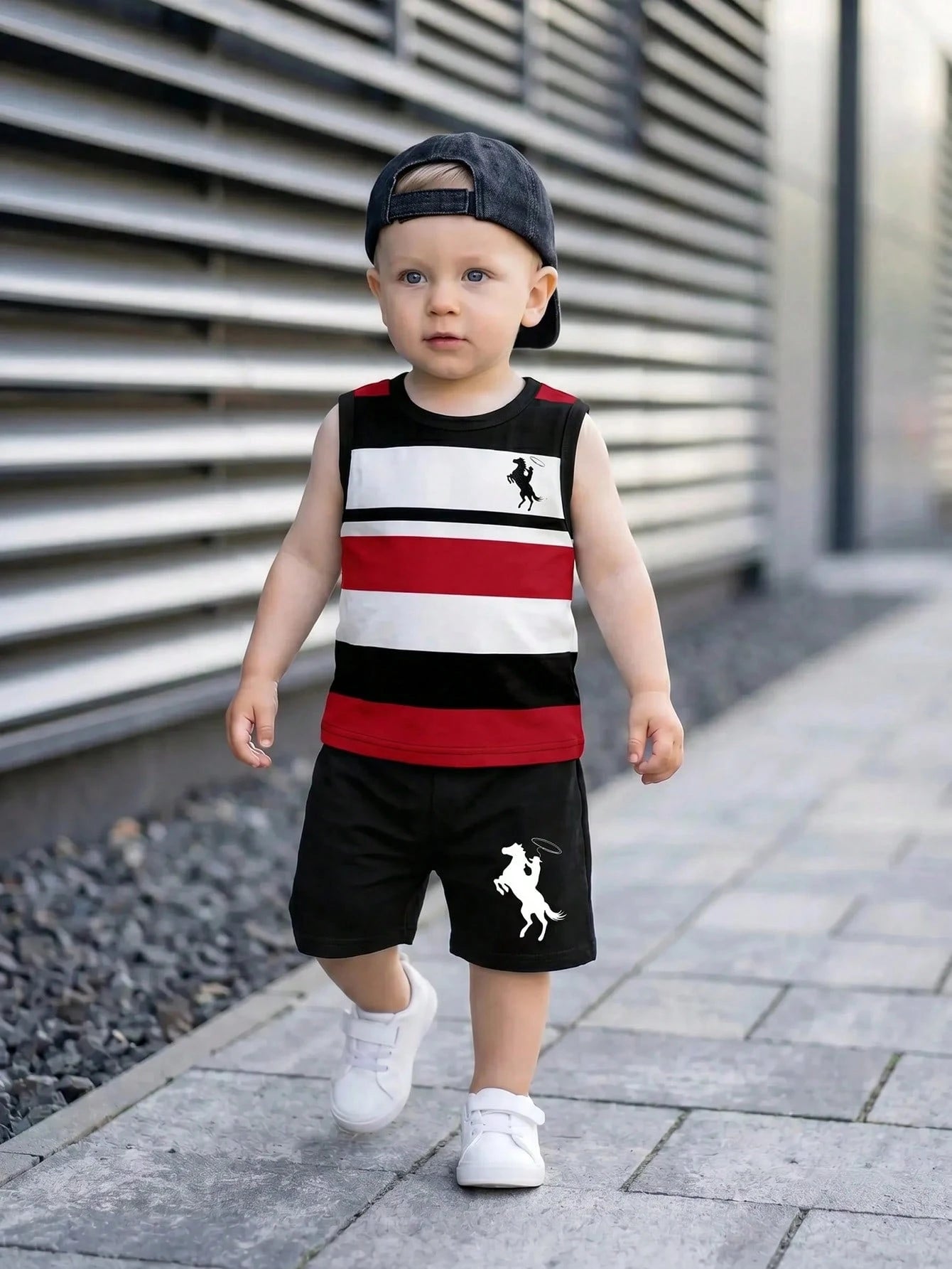 Souflis Souflis 2pcs Baby Boy Vest & Shorts Set, Minimalist Striped Sleeveless Vest With Round Neck And Black Shorts, Fashionable Outfit For Summer Outings