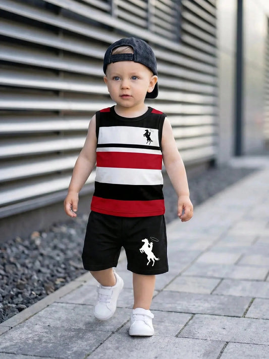 Souflis Souflis 2pcs Baby Boy Vest & Shorts Set, Minimalist Striped Sleeveless Vest With Round Neck And Black Shorts, Fashionable Outfit For Summer Outings