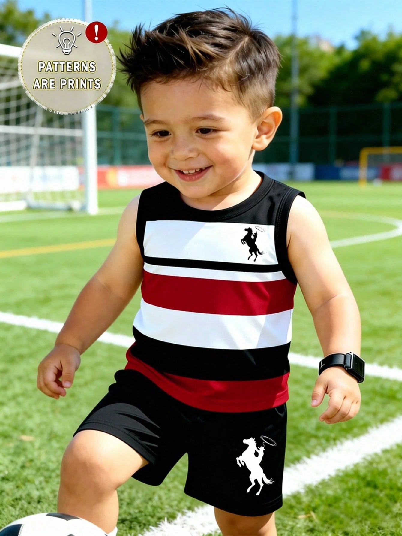 Souflis Souflis 2pcs Baby Boy Vest & Shorts Set, Minimalist Striped Sleeveless Vest With Round Neck And Black Shorts, Fashionable Outfit For Summer Outings