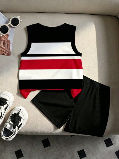 Souflis Souflis 2pcs Baby Boy Vest & Shorts Set, Minimalist Striped Sleeveless Vest With Round Neck And Black Shorts, Fashionable Outfit For Summer Outings