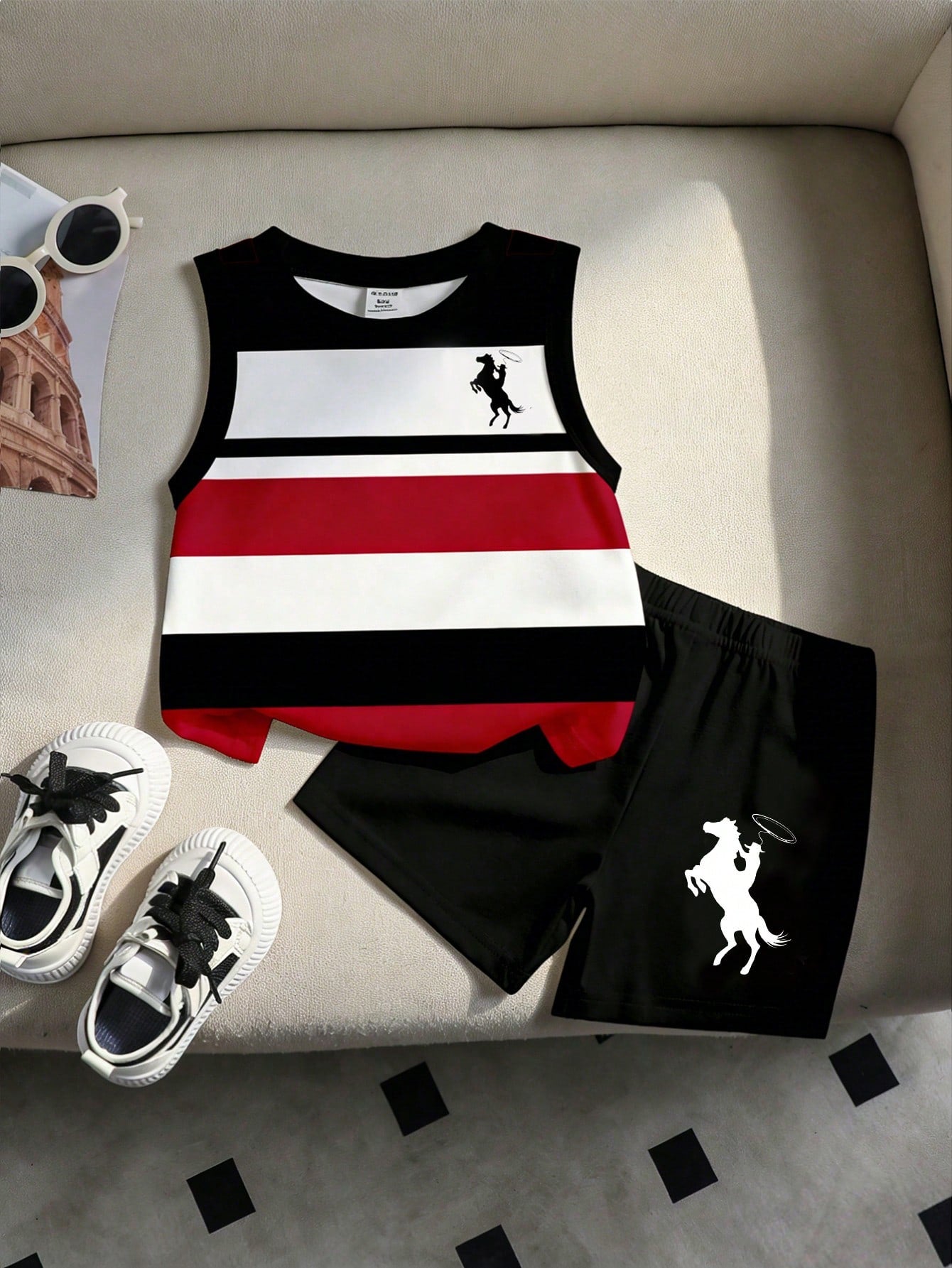 Souflis Souflis 2pcs Baby Boy Vest & Shorts Set, Minimalist Striped Sleeveless Vest With Round Neck And Black Shorts, Fashionable Outfit For Summer Outings