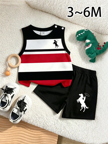 Souflis Souflis 2pcs Baby Boy Vest & Shorts Set, Minimalist Striped Sleeveless Vest With Round Neck And Black Shorts, Fashionable Outfit For Summer Outings